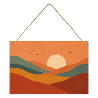 Décoration Murale en Bois Paysage Coucher de Soleil Mid-Century 30x20cm, Panneau MDF avec Corde de Jute, Collines en Relief, Style Rétro Géométrique pour la Maison
