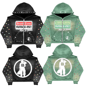 เสื้อฮู้ดซิปผ้าฝ้ายหนานุ่มทรงโอเวอร์ไซส์สไตล์วินเทจฟอกสีซีดแบบ OEM สำหรับผู้ชาย ประดับด้วยคริสตัล รับผลิตตามแบบ OEM - Product Image 3