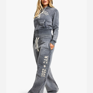 Ensemble femme de qualité supérieure 2026, ensemble vintage deux pièces, pantalon et sweat à capuche personnalisé avec fermeture éclair, pantalon évasé, lavage à l'acide, survêtement femme surdimensionné - Product Image 3