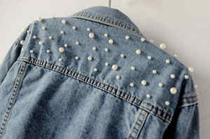 Black Denim <b>Jacket</b> with Stylish Patchwork <b>Pattern</b> Pearl Jean <b>Jackets</b> Blue Jean Women Denim <b>Jacket</b> - Product Image 5