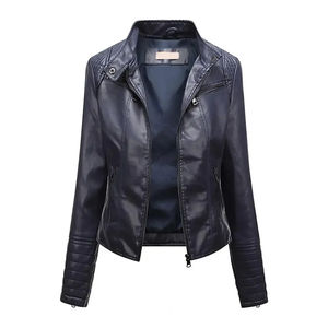 Chaqueta de cuero para mujer, prendas de vestir de otoño, chaqueta de piel sintética ajustada de Color sólido, cuello levantado, bolsillos de manga larga, abrigo de motorista con cremallera - Product Image 2