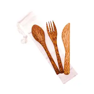 Portable travel cutlery coconut wood biodegradable spoon knife and fork for picnic camping in cotton pouch gift set OEM accept