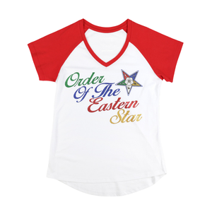 OES <b>White</b> V Neck <b>Tee</b> 100% Cotton Order of Eastern Star Shirt Custom Fraternity Sorority Apparel Embroidered Raglan Sleeve - Product Image 1
