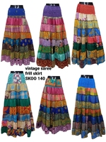 Sari en soie décontracté de style bohème vintage indien, respirant, brodé, avec longue jupe droite à volants, longueur ras du sol