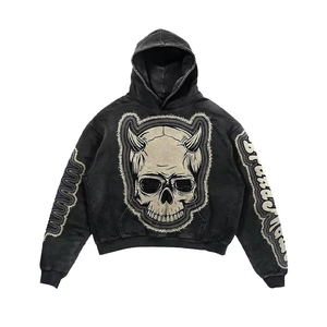 Wholesale High Quality Distressed Embroidery Patch Hoodies Custom Cotton French Terry <b>Men's</b> Acid <b>Wash</b> Hoodies - Product Image 5