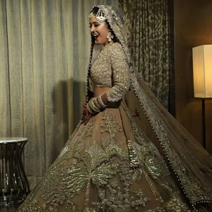 BEAUTIFUL-HEAVY BRIDAL GOLDEN <b>BLOUSE</b>,LEHENGA & DUPATTA DRESS WITH EMBELLISHED CRYSTAL GLASS BEADS,DABKA WORK for WEDDING=2025 - Product Image 1