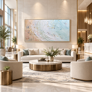Grande Décoration Murale Peinte à la Main : Plage Aérienne, Huile sur Toile, Nageurs Colorés, Vague Océanique Texturée, Décoration Côtière pour Salon et Hôtel - Product Image 1