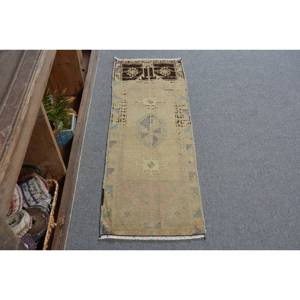 Tapis turc vintage 1,4x3,8 pieds Beige bleu fait à la main en laine peluche hauteur forme rectangulaire abstraite pour chambre Patchwork Design - Product Image 1