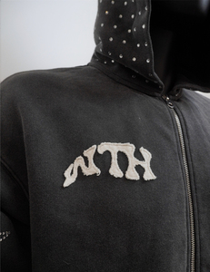 Custom Distressed Applique Embroidery Logo French Terry <b>Black</b> <b>Zip</b> <b>up</b> Heavyweight Acid Wash <b>Hoodie</b> with Rhinestone - Product Image 3