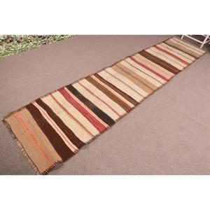 Vintage Rug, 2.6x12.3 ft Turkish Rug, <b>Brown</b> Red Oriental <b>Wool</b> Rug - Product Image 2