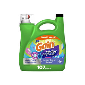 Détergent à lessive liquide Gain + Odor Defense 184 fl oz compatible HE, parfum Super Fresh Blast, 128 brassées - Product Image 1