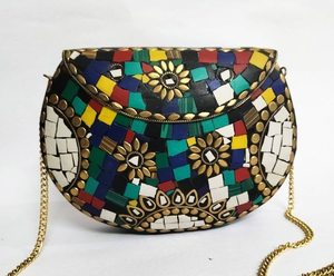 Pochette mosaïque en métal faite à la main sac à main style vintage sac à main cadeau de Thanksgiving pour elle avec puce pierre sac à bandoulière - Product Image 5