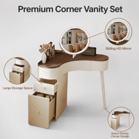 Ensemble de coiffeuse minimaliste de luxe gain de place, table de maquillage blanc crème avec armoire de rangement dissimulée pour petit appartement ou chambre.
