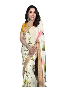 Blanc Soie Georgette 3d Ruban Broderie Net Tissu Indien Banarsi Soie sequin Broderie À La Main Saree avec chemisier pour les filles