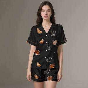 Adult Lightweight Silk Satin Breathable Summer Spring Sleepwear Elegant Digital Printed Pajamas <b>Set</b> Smooth Luxury - Product Image 1