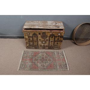 1.7x3 ft Vintage Rug, <b>Red</b> Check Turkish <b>Wool</b> Rug - Product Image 2