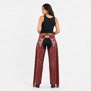 Pantalones de montar de cuero genuino para mujer Tara Goat, de talle alto con flecos y diseño de llamas. - Product Image 4