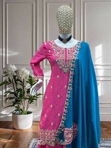 Kurta Plazzo de seda de gasa festiva moderna con codificación de secuencia bordada Ropa de boda de fiesta de secado rápido Dupatta incluida - Product Image 5