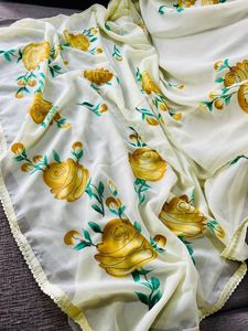 Hermosos saris de seda para adultos con huella de mano y Zari dorado con borde Chikankari en colores a juego - Product Image 5