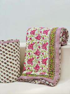 Edredón Kantha Reversible de tamaño Queen indio hecho a mano, colcha de algodón transpirable, manta de jardín con estampado de bloques florales, Hotel - Product Image 2