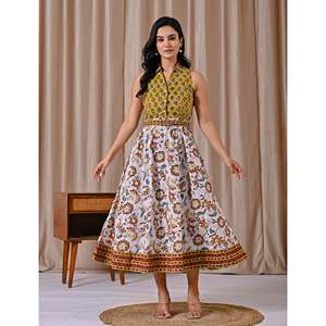 Vestido sin mangas con estampado de bloques verde y blanco, cuello elegante, tallas XS-XL, ropa casual ODM para discoteca, transpirable y natural. - Product Image 3