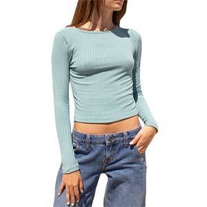 2025 nouvelle mode à manches longues confortable haut court femmes mode coton décontracté respirant haut court t-shirt - Product Image 5