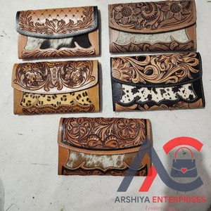 Porte-monnaie sculpté usiné à la main pochette coque de téléphone élégant en cuir véritable cheveux sur portefeuille en cuir de vachette multi-usages portefeuilles en cuir occidental - Product Image 1