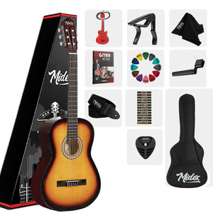 Guitarra Clásica Sunburst 4/4, Juego Completo con Varilla de Ajuste, Afinador, Funda, Correa, Capo y Púas |   Midex CG-270SB - Product Image 1