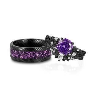 Jeulia <b>Gothic</b> Black Purple Stone Wedding Couple's <b>Ring</b> Set - Product Image 1