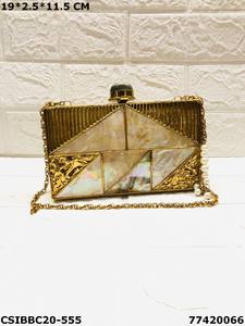 Designer Mother of Pearl Evening Clutch <b>Purse</b> with Crystal Stones and Brass Details Exuding Pure Elegance and Luxury - Product Image 5