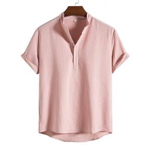 Chemise d'été pour homme à rayures, couleur unie, col montant, boutonnée, manches courtes, décontractée - Product Image 2