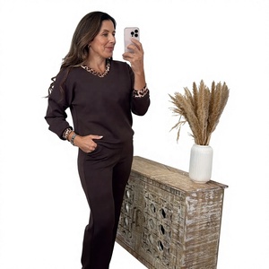 Survêtement de maternité marron pour femme, col rond, manches longues, décontracté, pour l'automne, avec poches latérales et taille élastique - Product Image 2