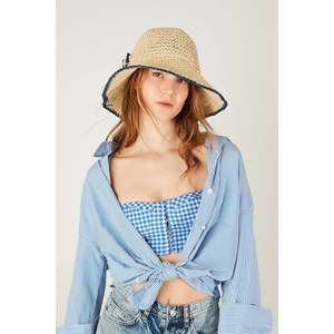 Beige Natural Hand-Knitted Straw <b>Hat</b> with Navy Blue Ribbon, Sun Protection for Beach and Outdoor Use HSR2095 - bej2095 - Product Image 3