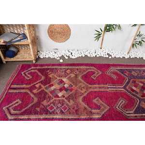 3.3x11.2 ft Vintage Herki Rug, Turkish Rug, <b>Red</b> Camouflage <b>Wool</b> Rug - Product Image 5