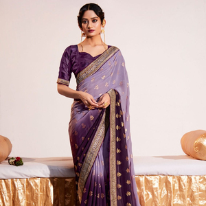 Colección de Saris de Seda Georgette de Dos Tonos con Trabajo de Tejido para Mujeres Indias y Pakistaníes - Product Image 2