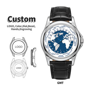 Montre-bracelet mécanique automatique de luxe avec logo personnalisé OEM, cadran unique avec carte du monde, heure mondiale GMT, bracelet en cuir en acier inoxydable 316L - Product Image 1