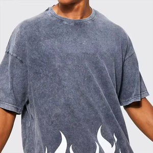 Men's Oversized Acid Wash Cotton T-<b>Shirt</b> With <b>Flame</b> Print Street Style Short Sleeve O-Neck Jersey Tee - Product Image 2