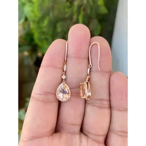 Boucles d'oreilles pendantes en argent 925 plaqué or, forme goutte d'eau, avec morganite, rubis, diamant et perle, pour mariage - Product Image 3