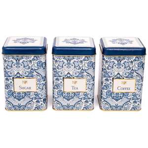 Juego de caja de lata cuadrada de 105x105x160mm (Juego de 3) Patrón decorativo azul y blanco inspirado en Azulejo Diseño de Azulejos - Product Image 1