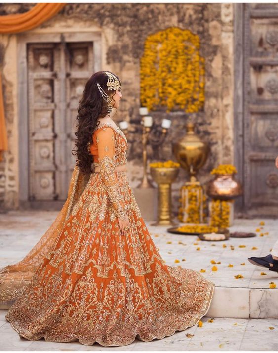 open lace back dress Rust Orange Bridal Nurjahan Couture Lehenga