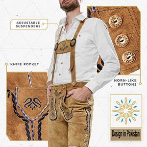 Golden Weather Unisex Traditional Bavarian Lederhosen Embroidery Mid Waist Suspenders Short Pants Casual Spring Wear - Product Image 3