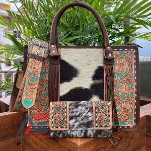 Nueva gran oferta, conjuntos de lujo de cuero de vaca a mano para mujer, bolso de mano de cuero de vaca genuino y bolso de mano, Combo de 2 piezas para mujer - Product Image 1