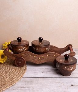 <b>Wooden</b> Container set with Tray for storing Spices Dry fruits Mukhwas Wood Seasoning <b>Storage</b> <b>Box</b> with Spoon and Lid - Product Image 2