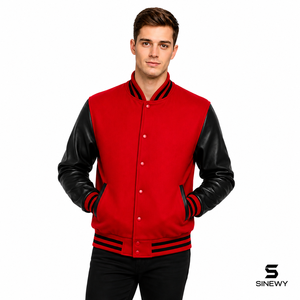 Veste universitaire rouge pour homme SINEWY, manches en cuir PU, col montant, vêtement décontracté pour l'automne - Product Image 2