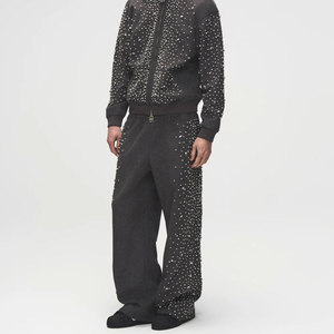 2025 personalizado para hombre Streetwear Jogger francés Terry algodón pantalones de gran tamaño diamantes de imitación pierna ancha lavado ácido pantalones de chándal acampanados - Product Image 6
