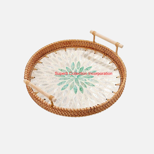 Plateau de service rond en rotin de qualité fine avec incrustation de nacre élégant plateau de Table basse décoratif pour la décoration intérieure et le stockage - Product Image 6