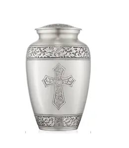 Adult Cremation Memorial Urn for Human Ashes Pewter Etched Cross Brass Funeral Urn with Velvet Bag