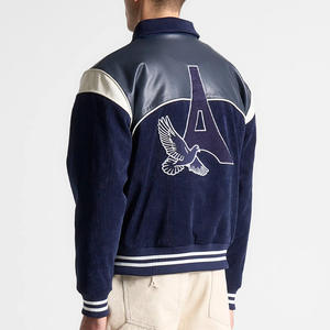 Veste universitaire à capuche bleu marine avec bandes à col montant en cuir végétalien Épaule Logos de broderie personnalisés Séchage rapide Respirant - Product Image 4