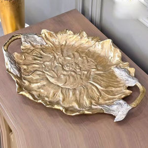 Pure Handmade Aluminum Metal Leaf Embossed Texture Designer Theme <b>Gold</b> Plated Decorative <b>Tray</b> Kitchenware - Product Image 1