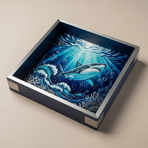 Bandeja de Madera Cuadrada Hecha a Mano con Diseño de Tiburón y Océano, Decoración Artesanal de Lujo para el Hogar, Biodegradable, Venta al por Mayor - Product Image 1